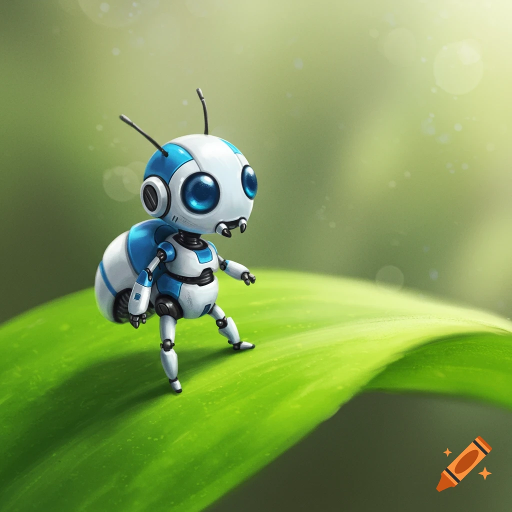 A tiny blue and white robot resembling an ant stands on a green leaf.
