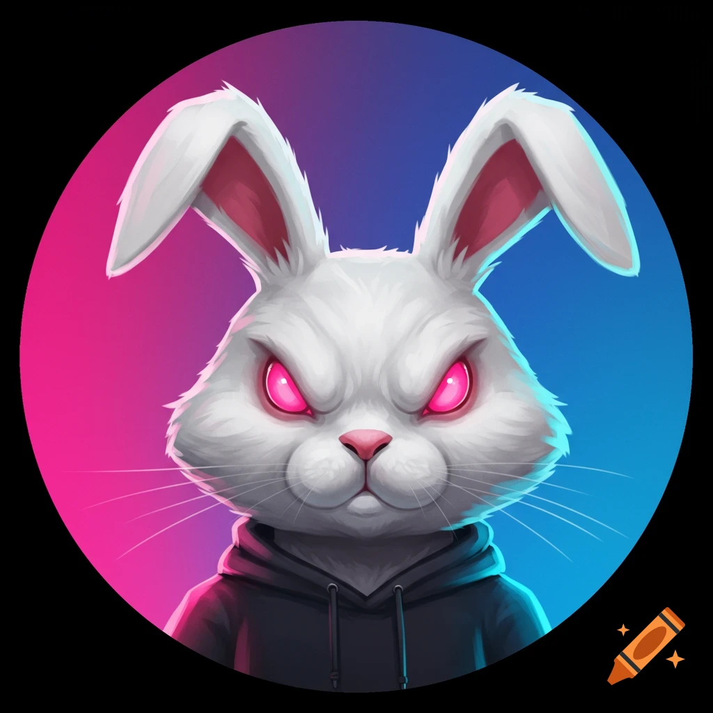 White rabbit character with glowing pink eyes wearing a hoodie, in a circle profile picture against a pink and blue gradient.