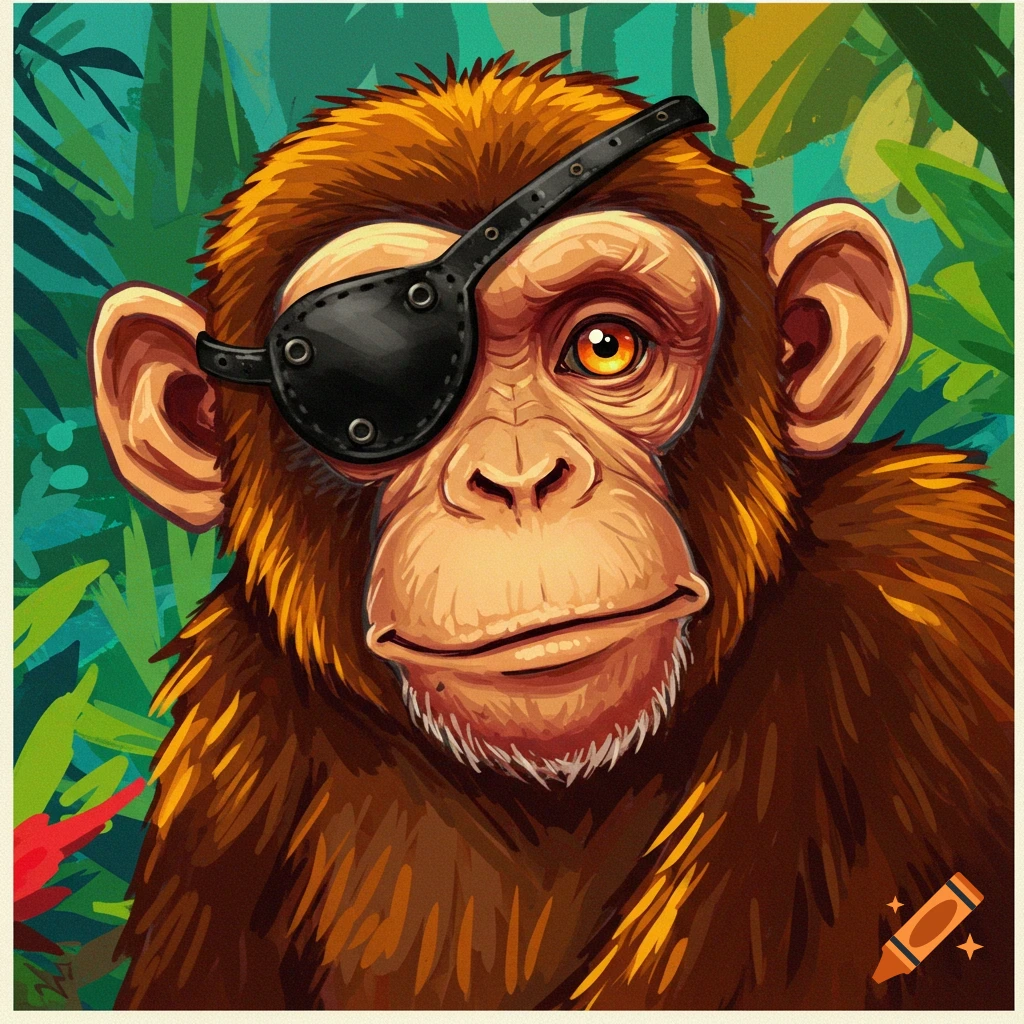 A monkey wearing a pirate eyepatch in a jungle.
