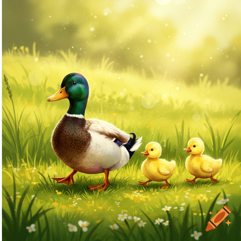 A mother duck and two ducklings walk in a sunny grassy field.