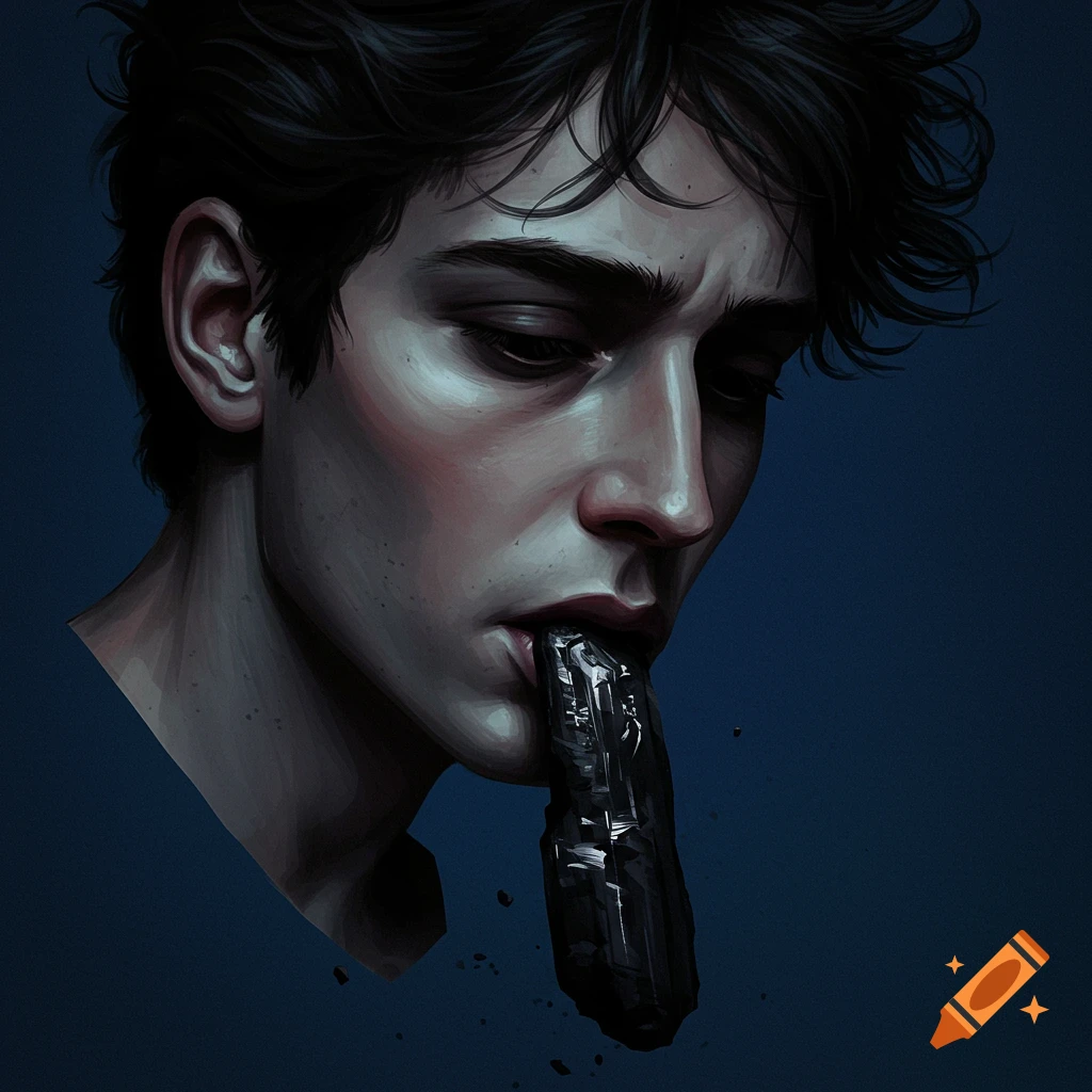A person with dark hair looking down, a long black object dangling from their lips.