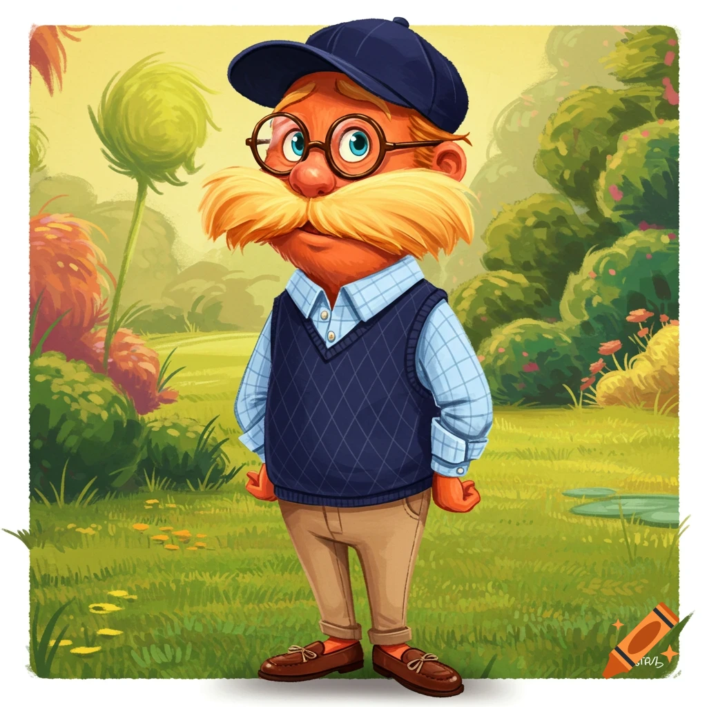 A cartoon character resembling the Lorax wearing a preppy outfit stands in a whimsical forest.