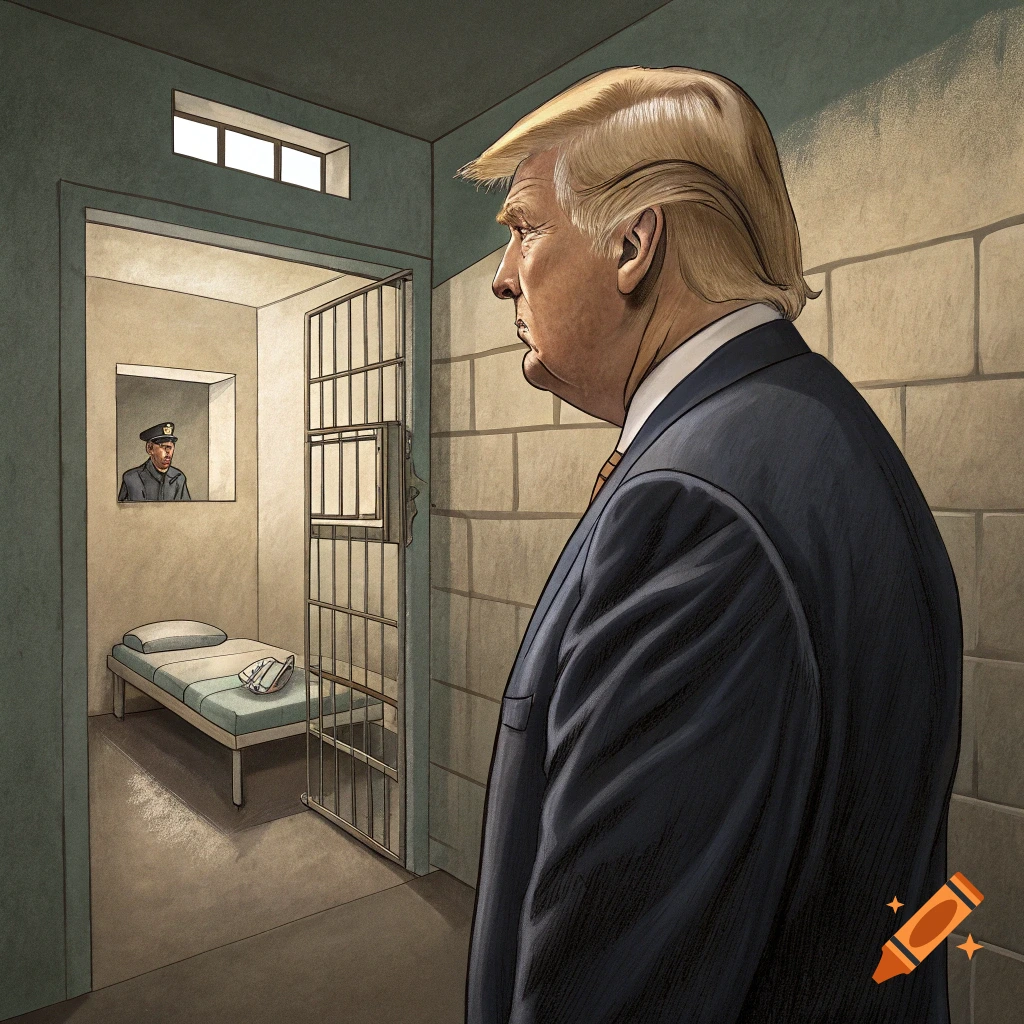 Illustration of Donald Trump in profile looking into a prison cell with a guard outside.
