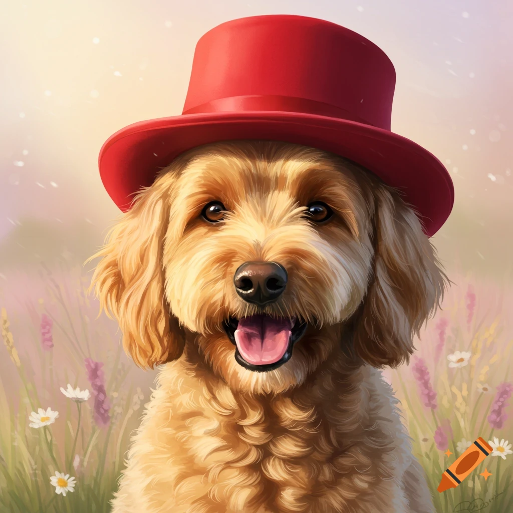 A golden doodle wearing a red top hat is in a field.