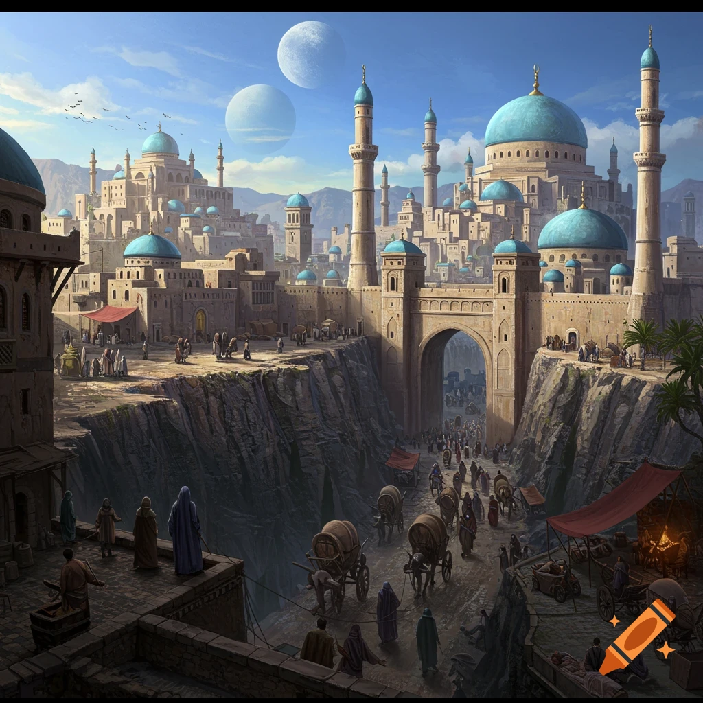 A fantasy Middle Eastern city built on a cliff with two moons in the sky.