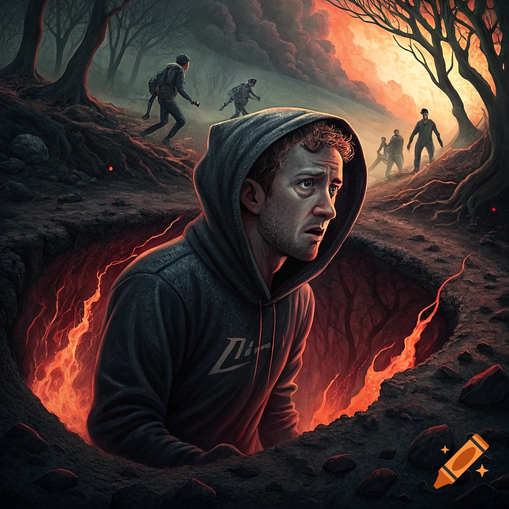 A man with a worried expression emerges from a fiery pit in a dark forest as figures walk in the background.