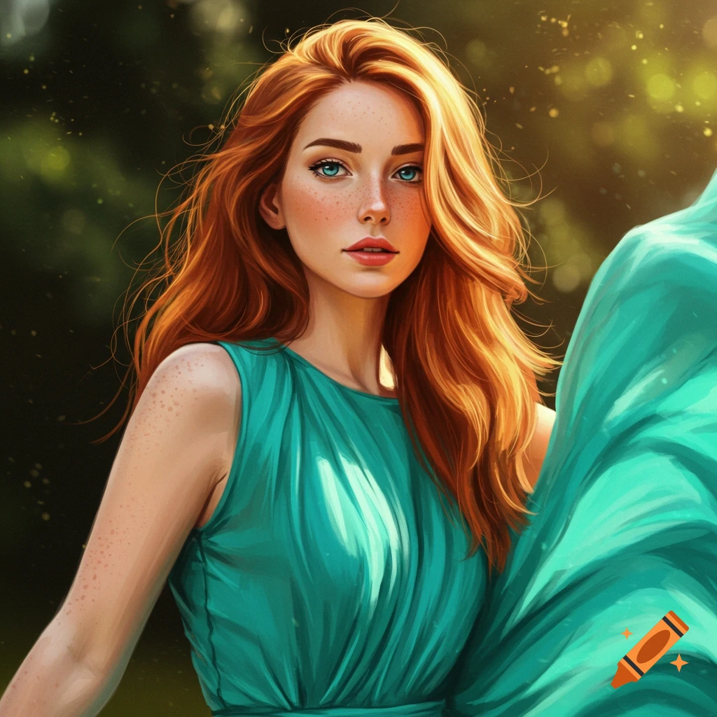A woman with long red hair and blue eyes is wearing a green dress in sunlight.