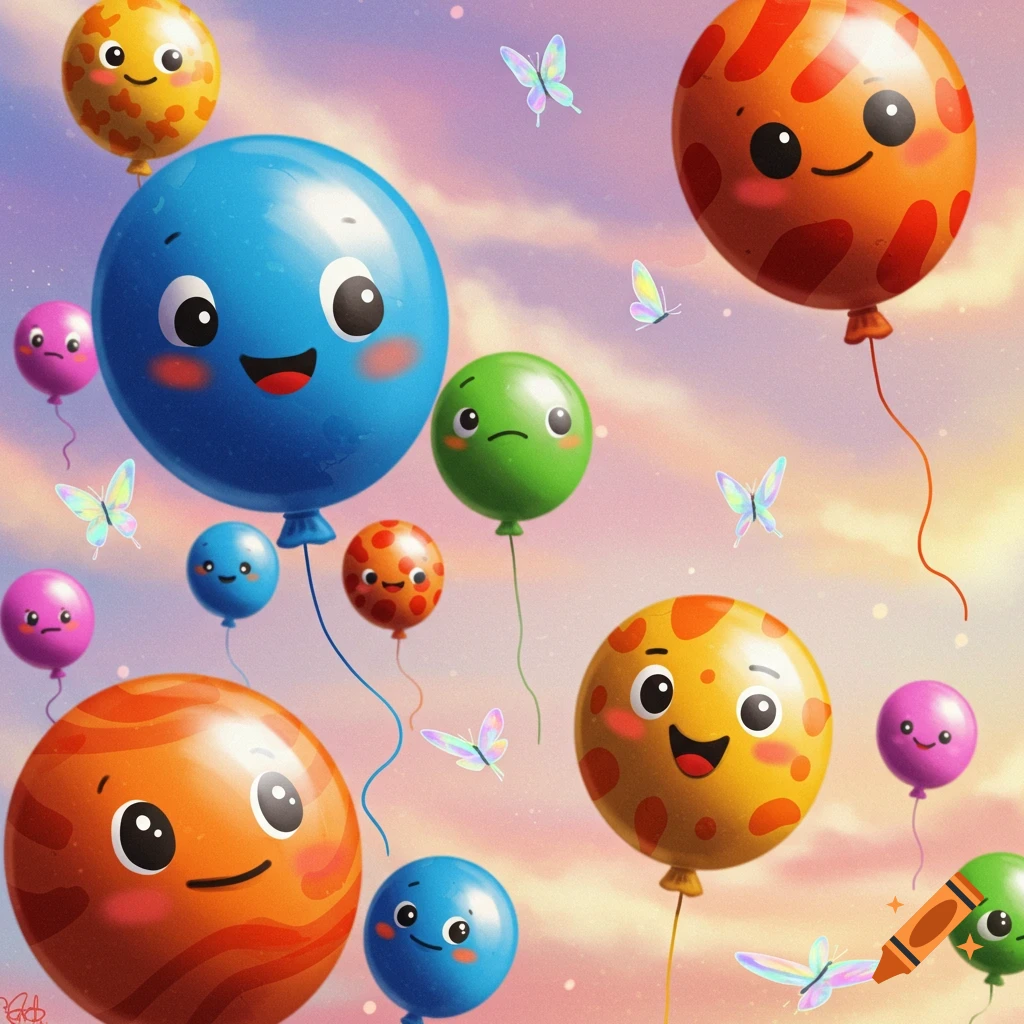 Colorful cartoon planet balloons with faces fly with butterflies against a cloudy sky.