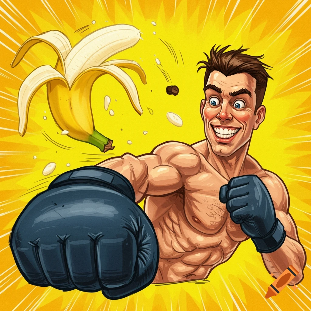 Cartoon drawing of a muscular man in boxing gloves punching a startled banana.
