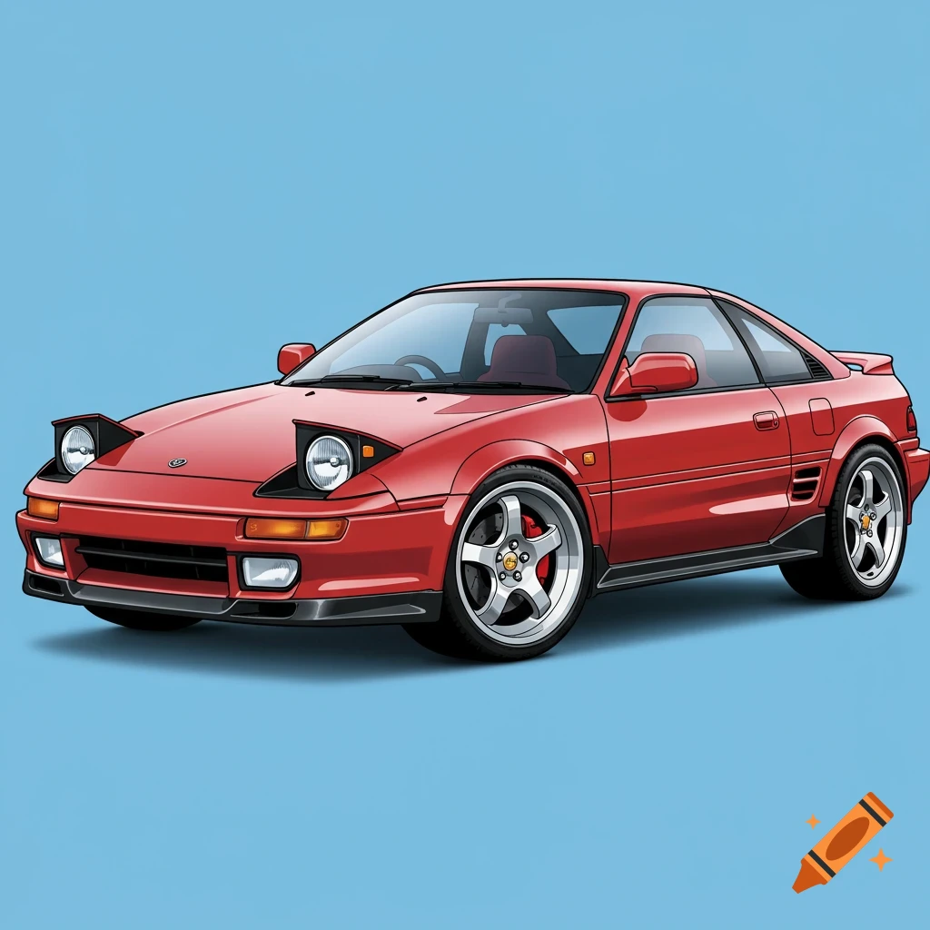 A red cartoon car with pop-up headlights and big wheels on a blue background.