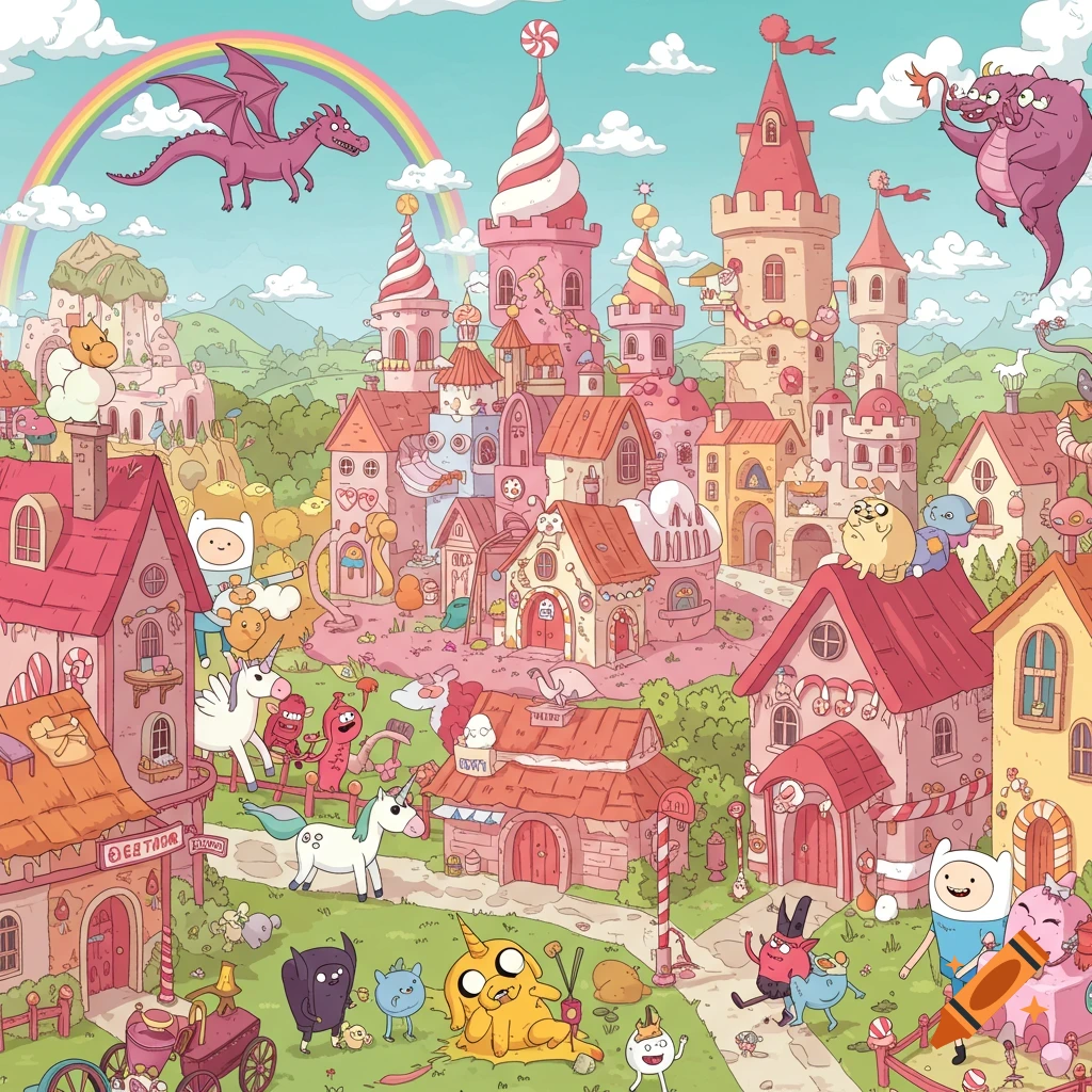Adventure Time style cartoon city with characters, creatures, rainbow, and dragon
