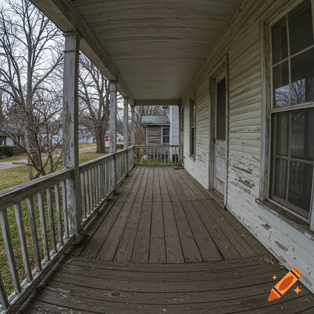 A wide-angle view of a weathered wooden porch with peeling white paint on a house railing and columns, looking out towards trees and a street.