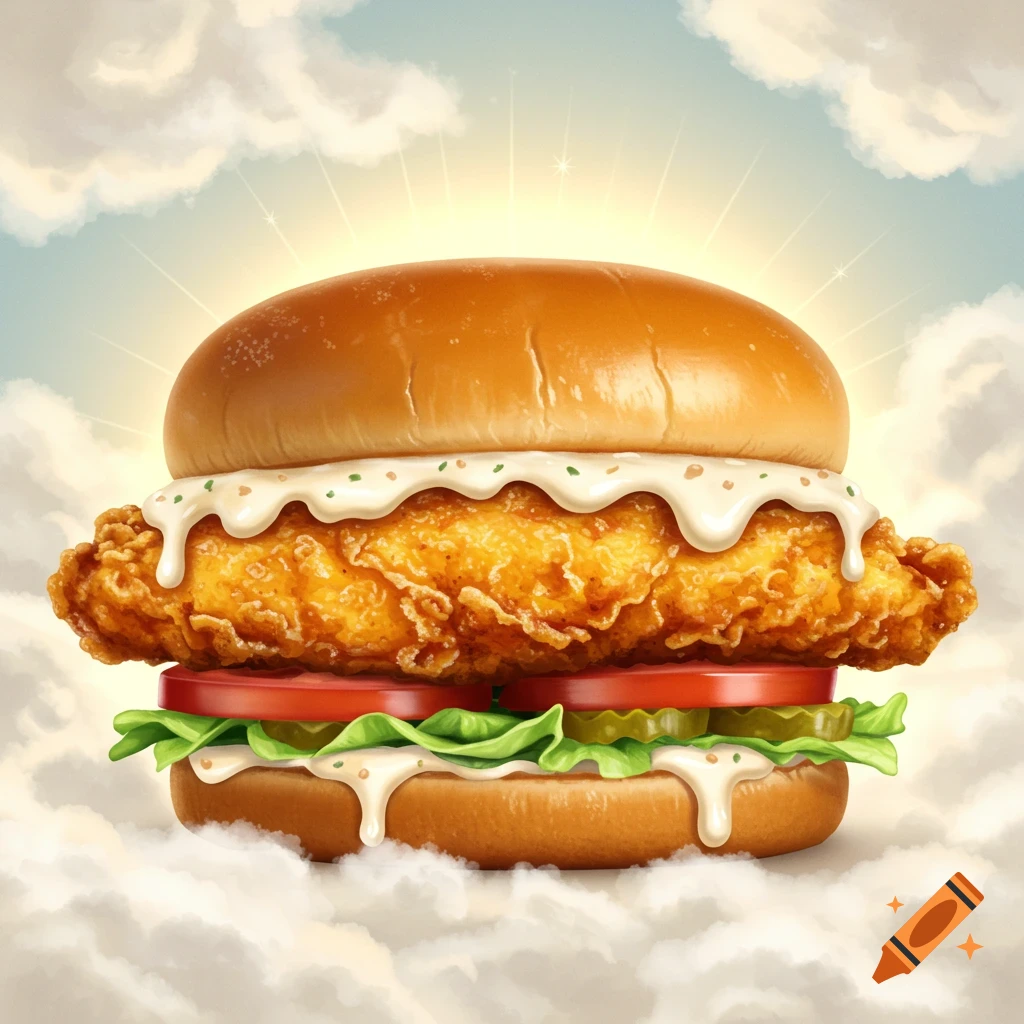 A chicken sandwich in the clouds with rays of light.