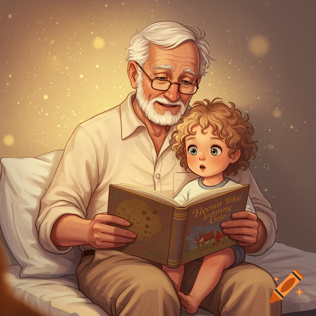 Grandfather reading a book to a young child on a bed, illustrated.