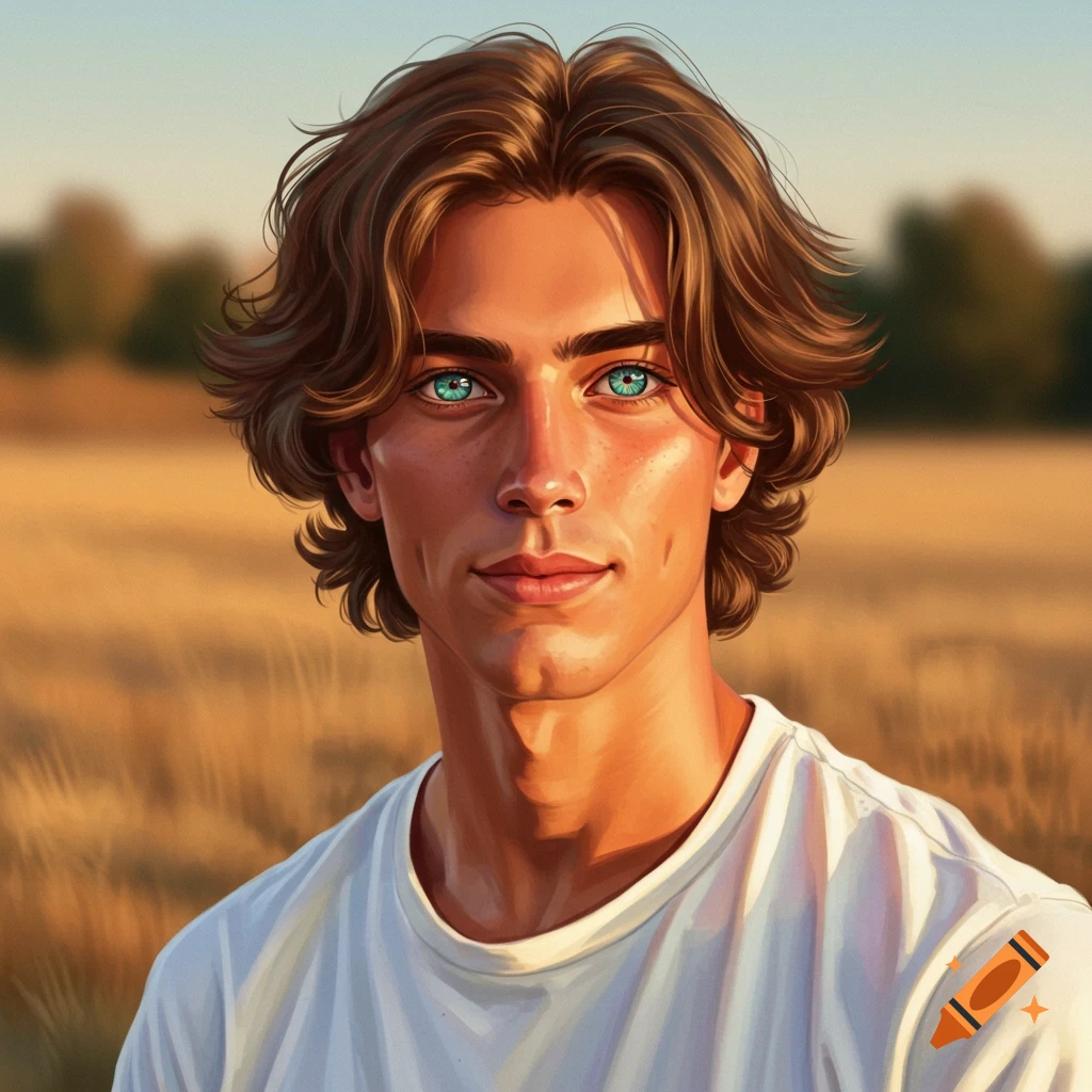 A young man with striking blue eyes and brown hair stands in a field.