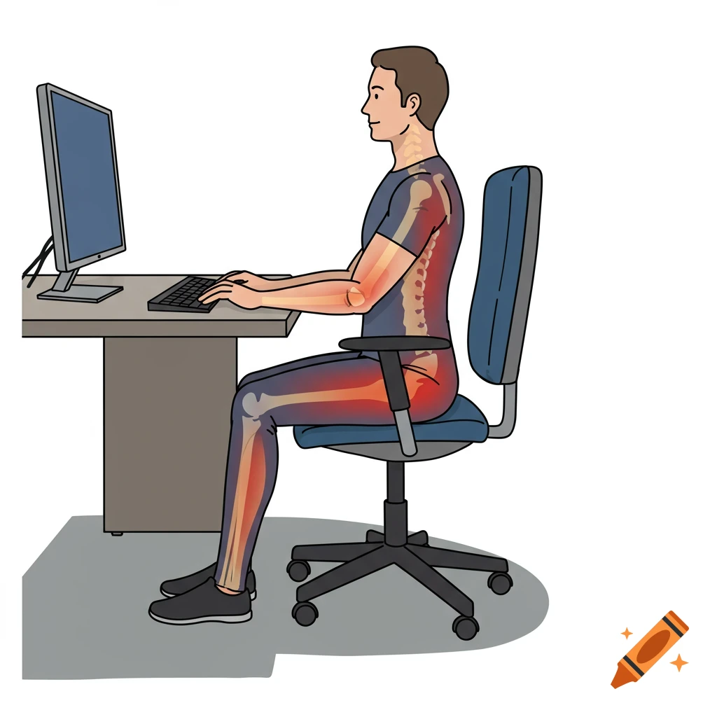 Illustration of a person sitting at a computer desk with correct ergonomic posture, showing skeletal structure and internal anatomy.