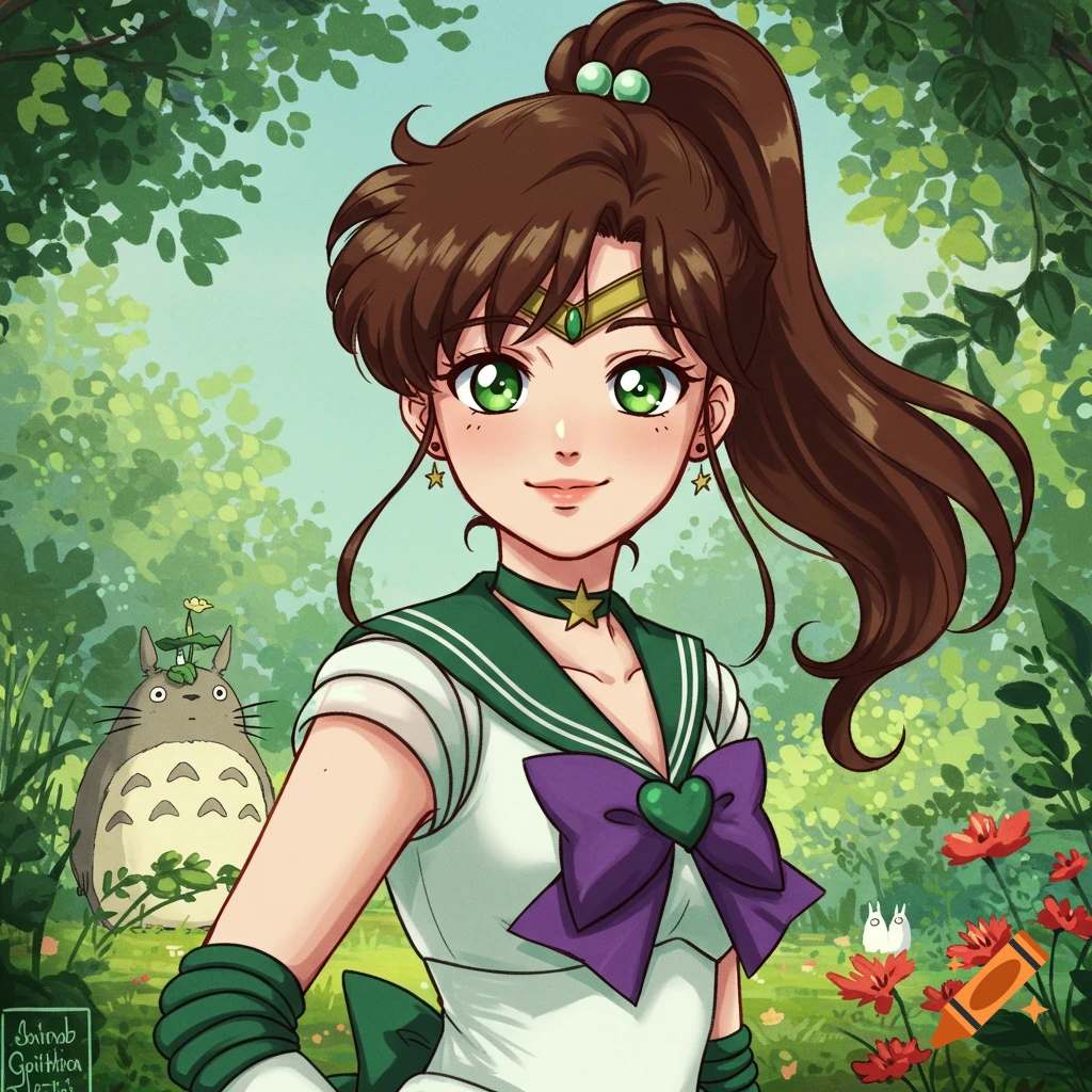 Anime style portrait of a girl resembling Sailor Jupiter in a green uniform standing in a forest with a large Totoro in the background.