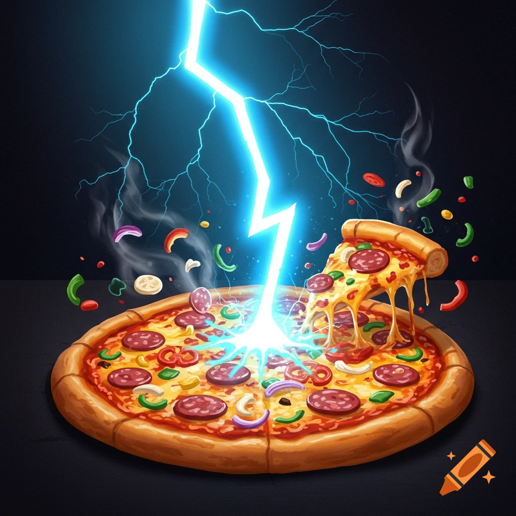 A lightning bolt strikes a pepperoni pizza with ingredients flying around it.