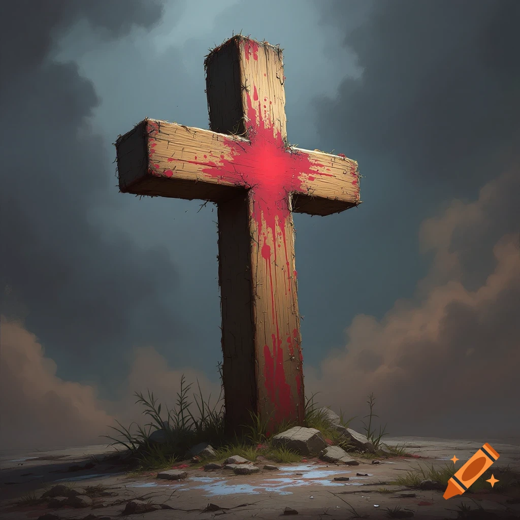 A blood-splattered wooden cross stands on rocky ground under a cloudy sky.