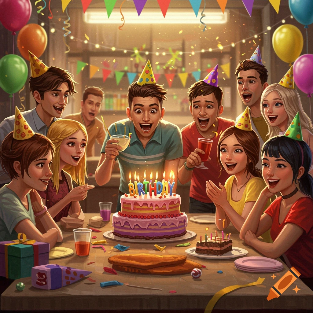Diverse friends celebrating a birthday with cake and gifts.
