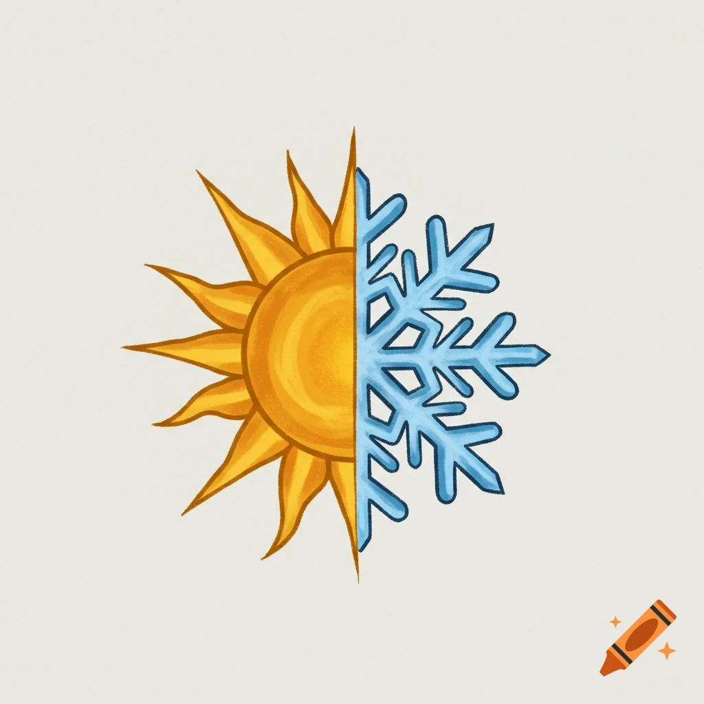 A symbol split between a sun and a snowflake.