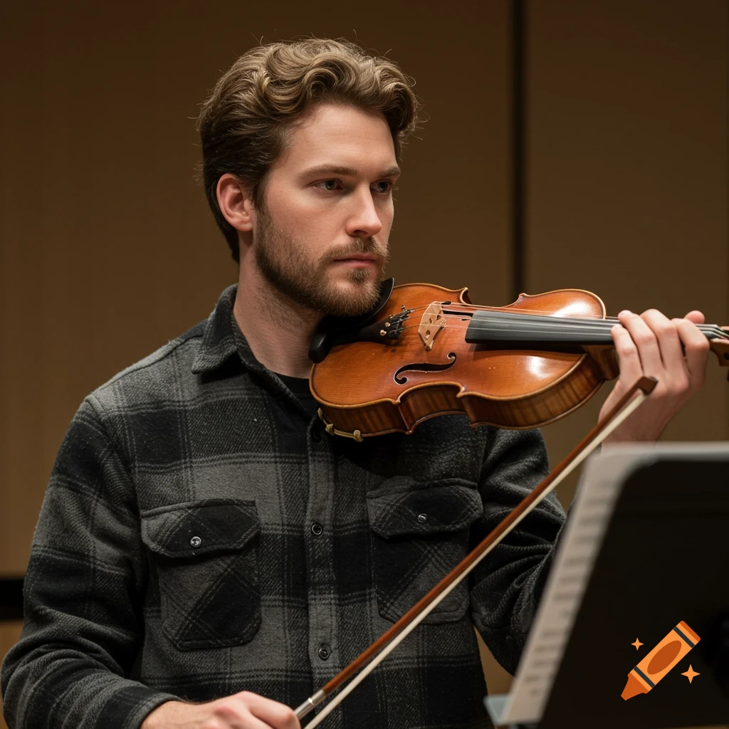A man in a plaid shirt plays a violin in a practice room.