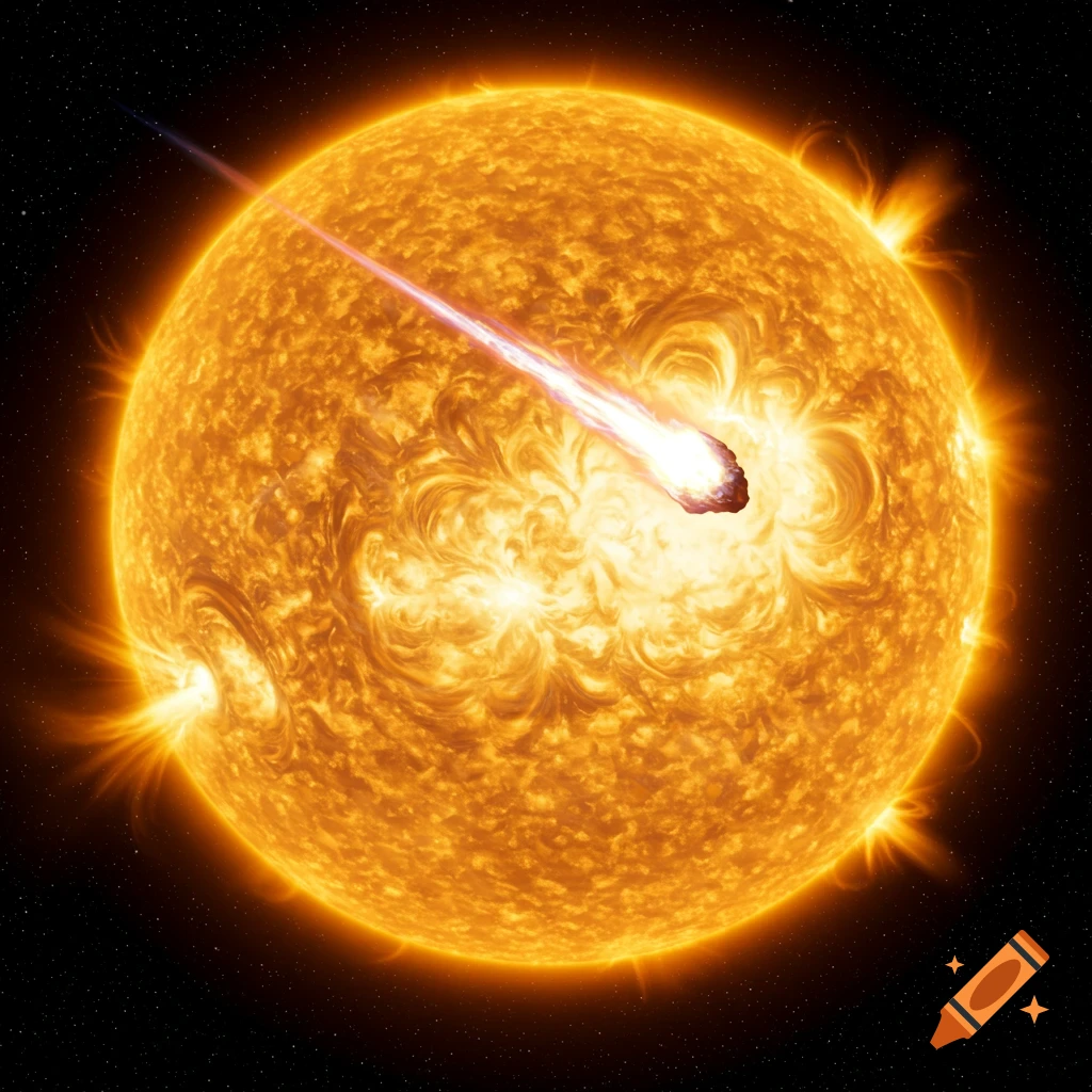 A meteor streaking through space near the fiery surface of the sun.