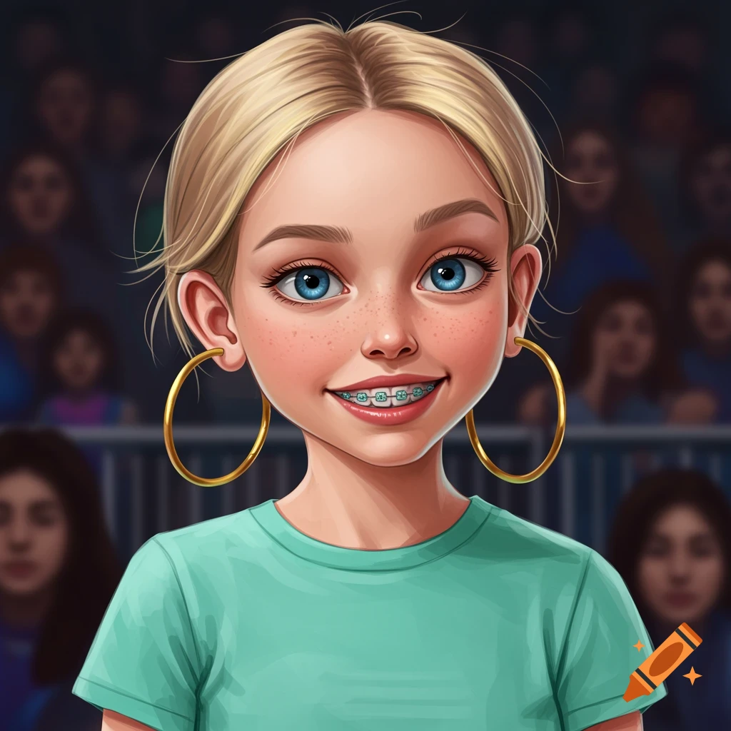 Digital portrait of a smiling girl with braces, hoop earrings, and a teal shirt against a blurred crowd.