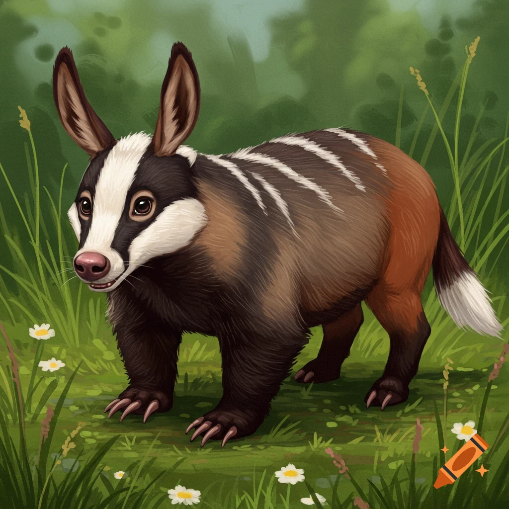 A badger and mule hybrid creature standing in a grassy field.