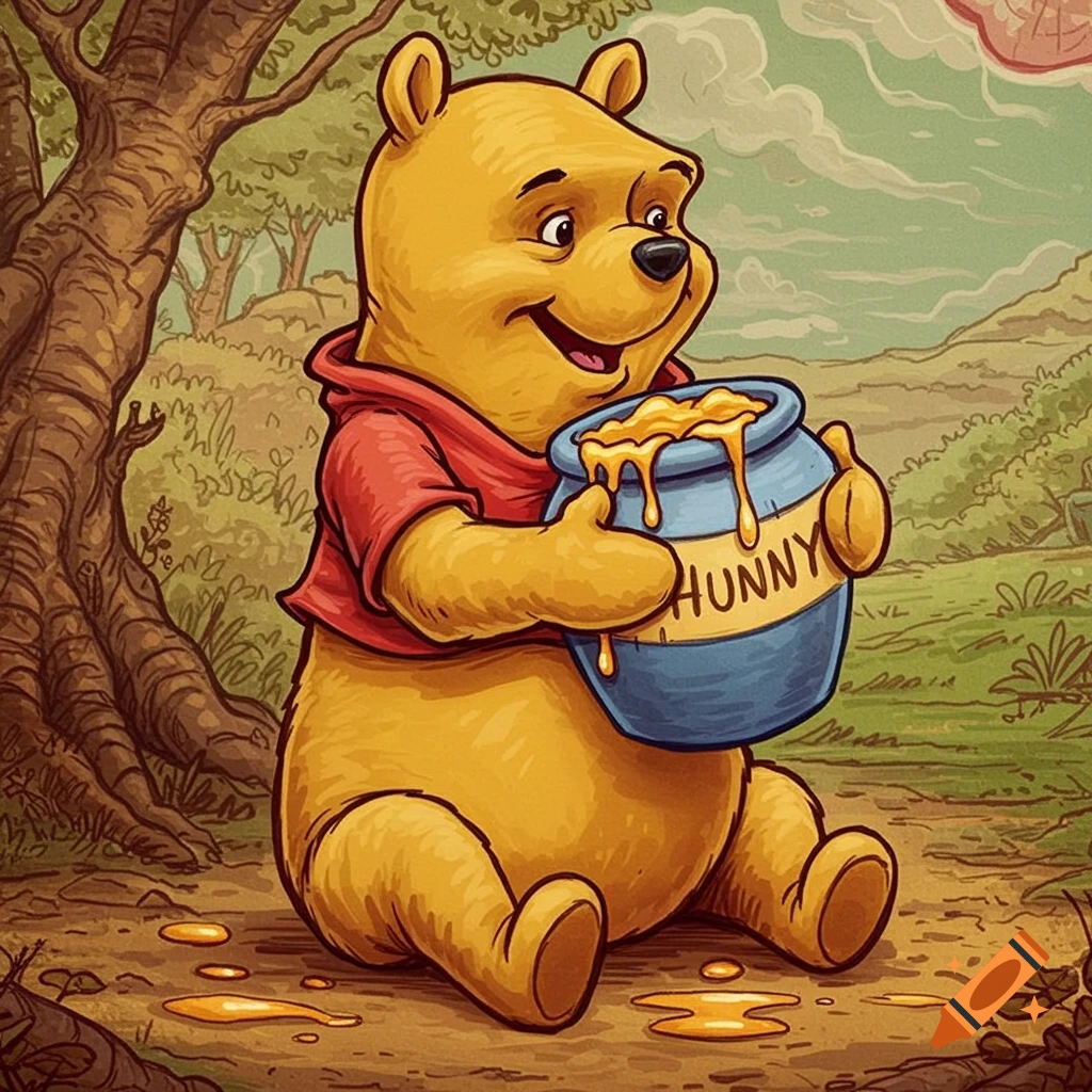 Winnie the Pooh sits holding a honey pot in a stylized illustration.