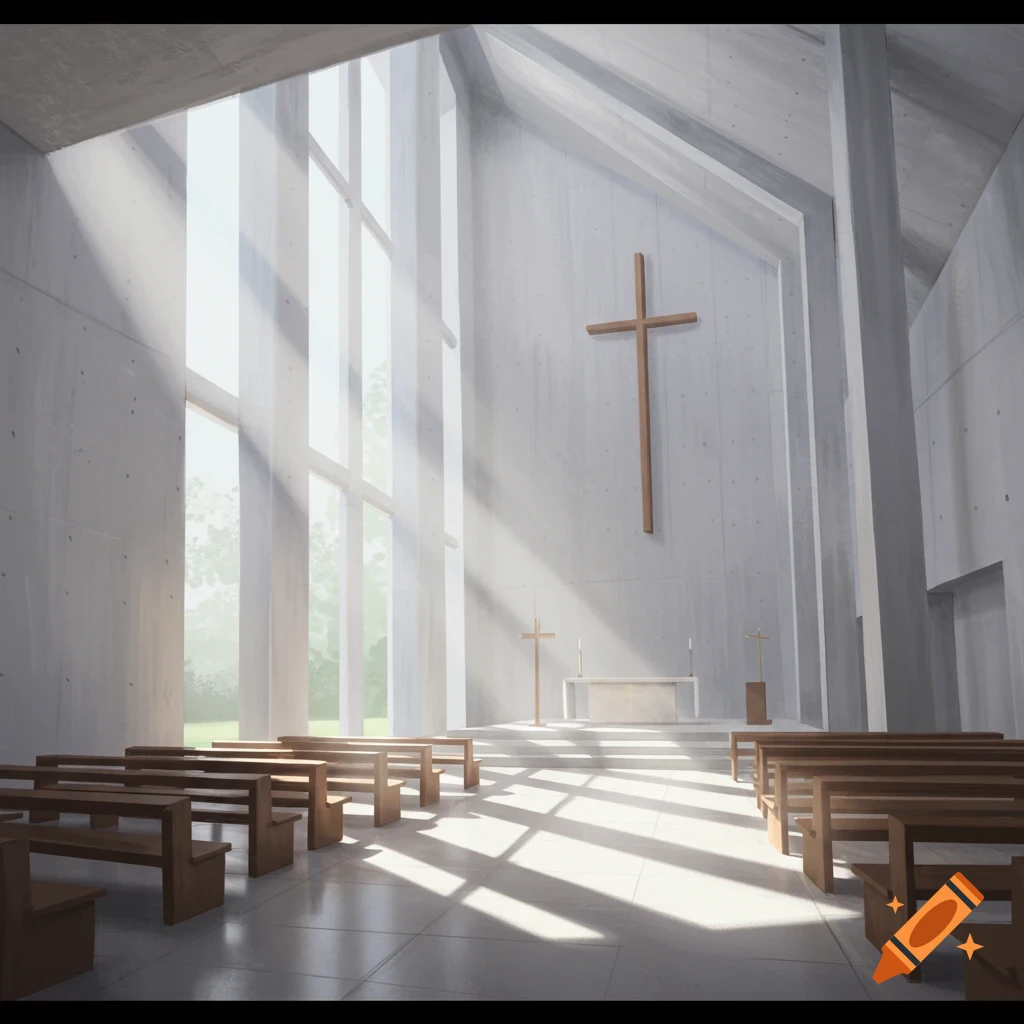 A modern church interior with sunlight streaming through large windows, wooden pews, and a cross on the wall.
