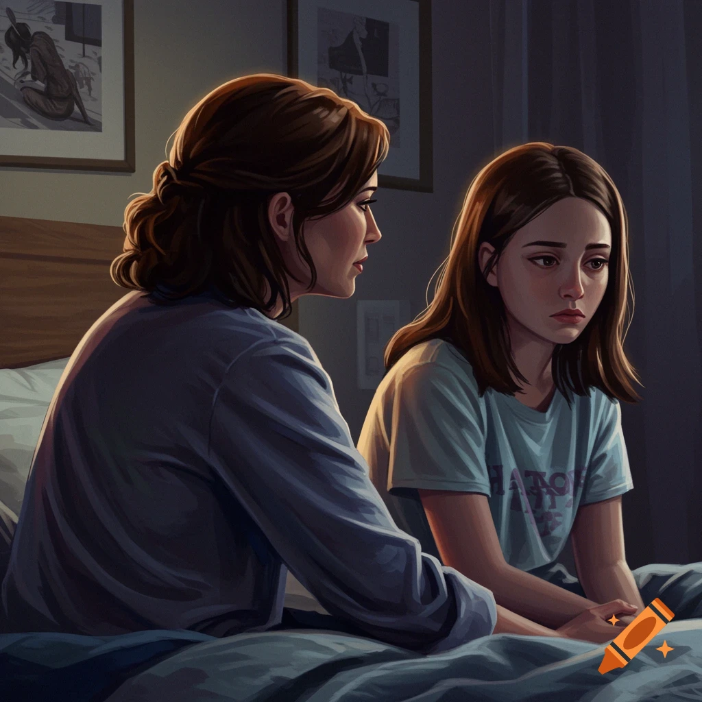 A mother and sad daughter sitting on a bed.