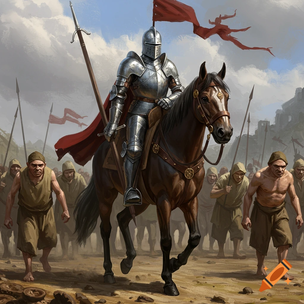 A knight in shining armor on a horse leads a crowd of peasants through a medieval setting.