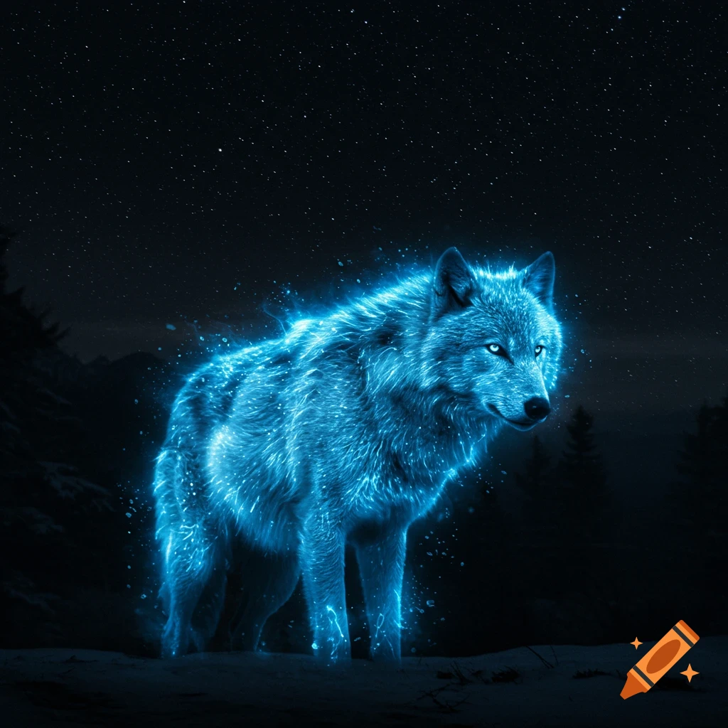 A spectral blue glowing wolf stands in a dark snowy forest under a starry night sky.