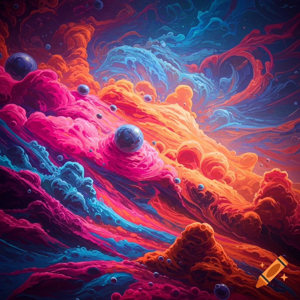 Vibrant pink, orange, and blue abstract swirls with spheres