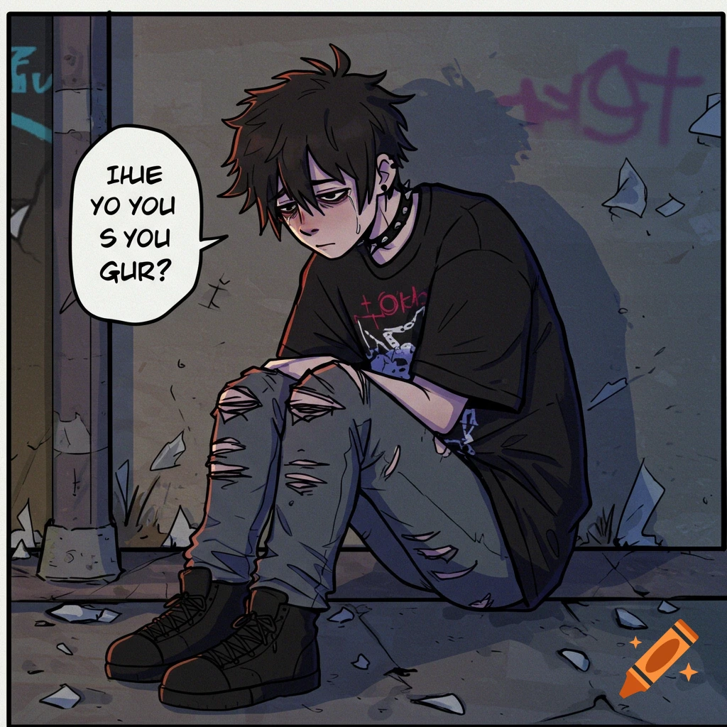 Comic style illustration of a sad young person sitting on the ground in ripped jeans.