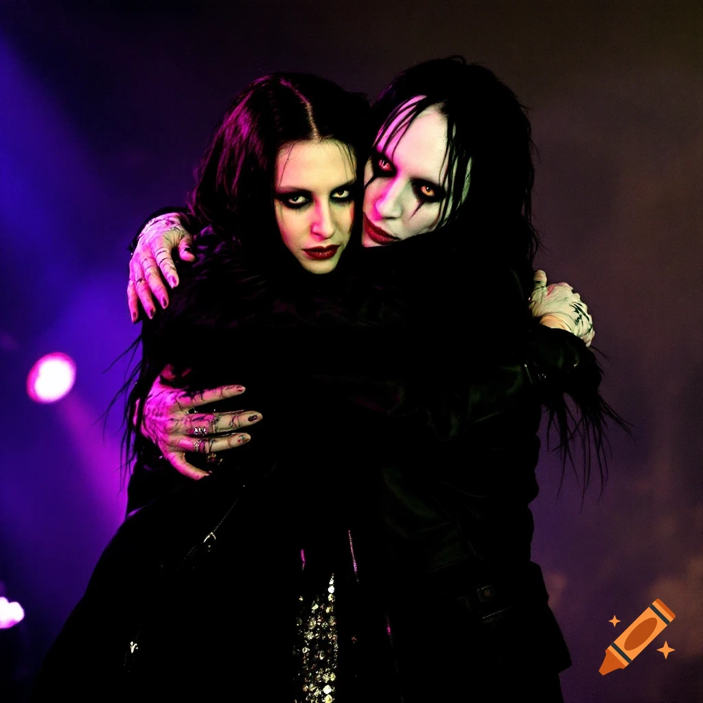 Two people resembling Marilyn Manson and Twiggy Ramirez hug in dark clothes and stage makeup under purple light.