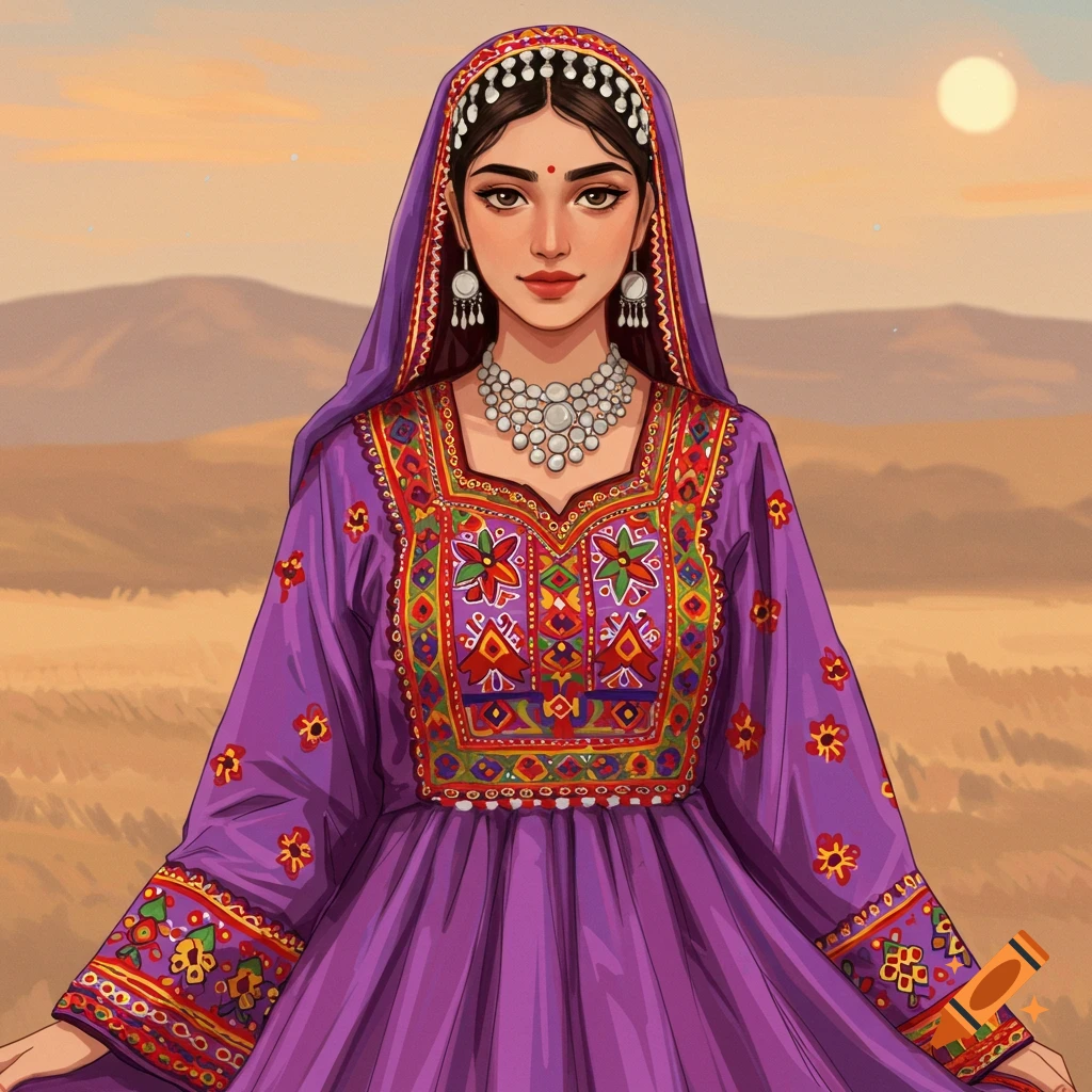 Painting of a woman in a lilac Afghan kuchi dress in a desert landscape.