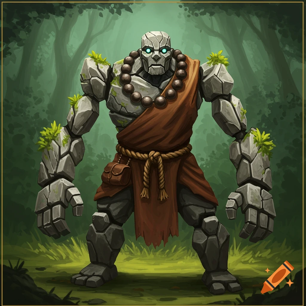 A stone golem monk standing in a forest