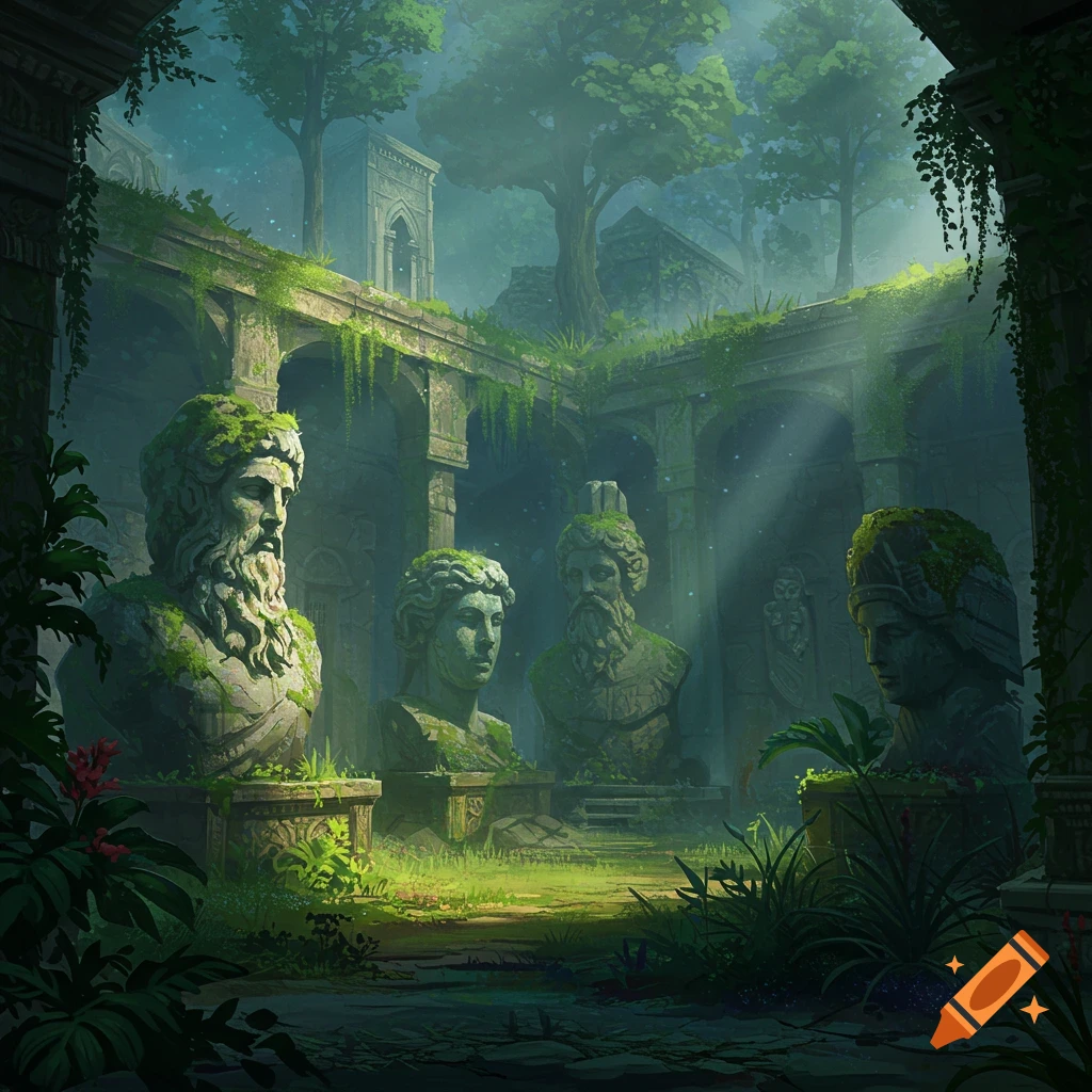 Overgrown ancient ruins with multiple stone statues in a courtyard.