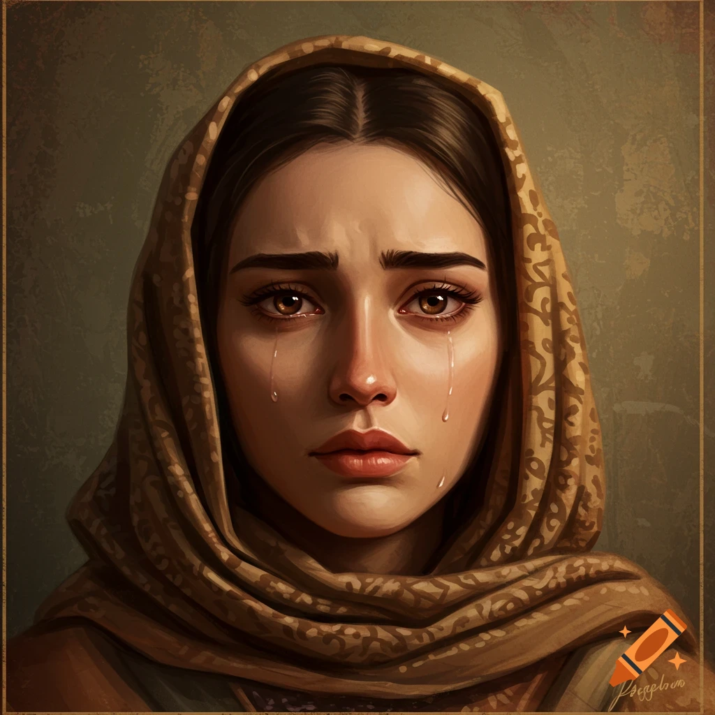 Portrait of a young woman crying and wearing a headscarf.
