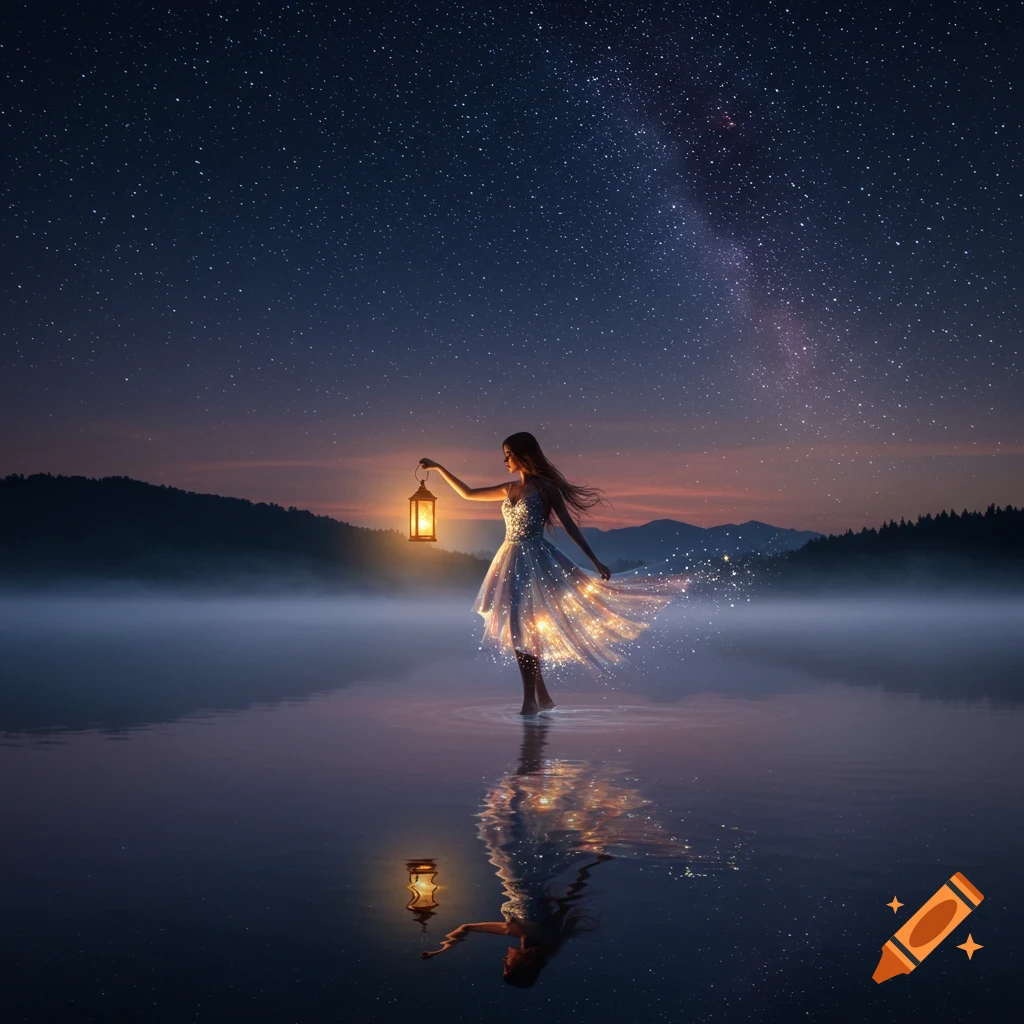 A woman in a sparkling dress holding a lantern stands in a lake under a starry night sky.