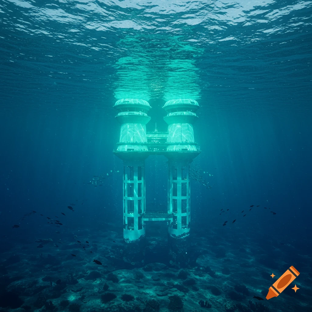 Photorealistic view of a futuristic underwater structure with two towers, sunlight filtering down, and fish.