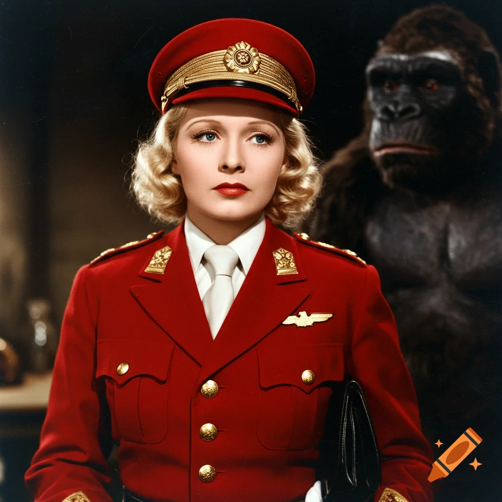 Film still of a woman in a red uniform and a gorilla.