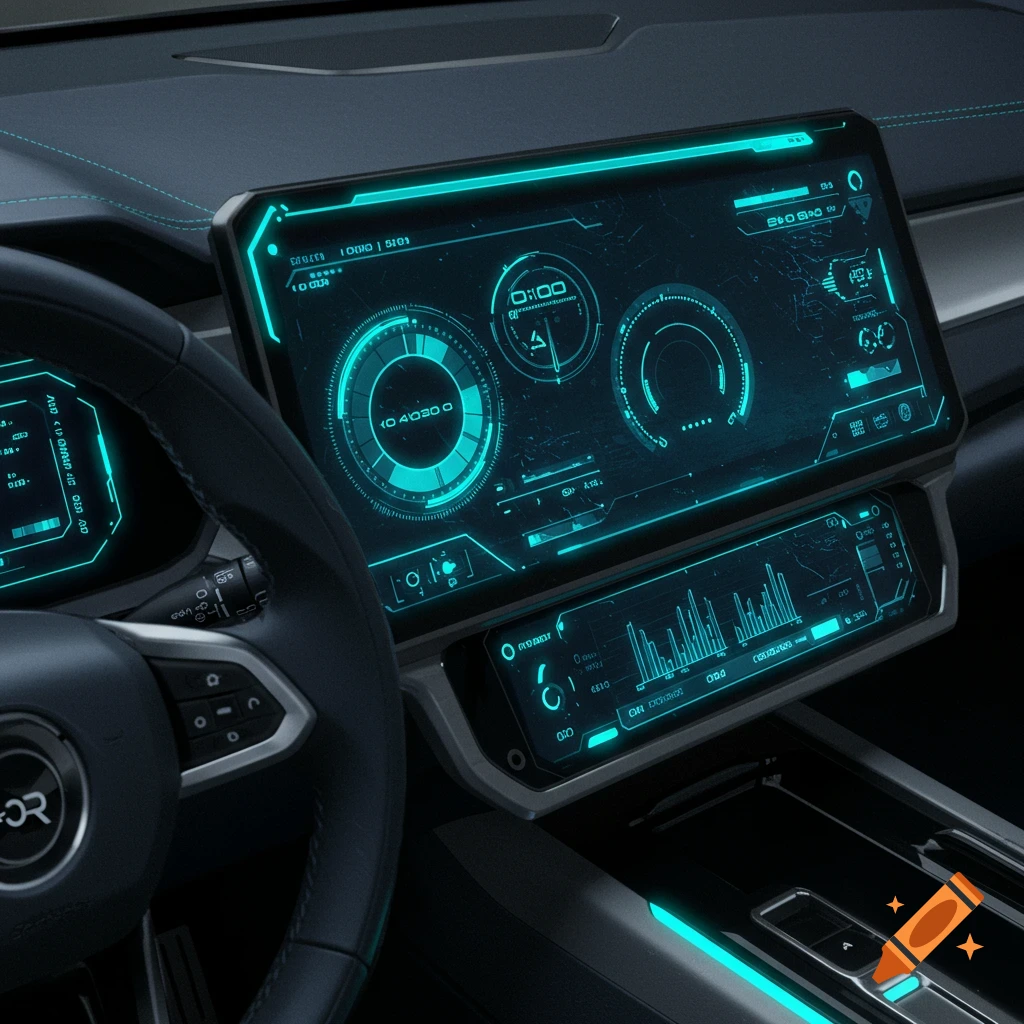 A futuristic car dashboard with glowing blue digital displays showing data and charts.