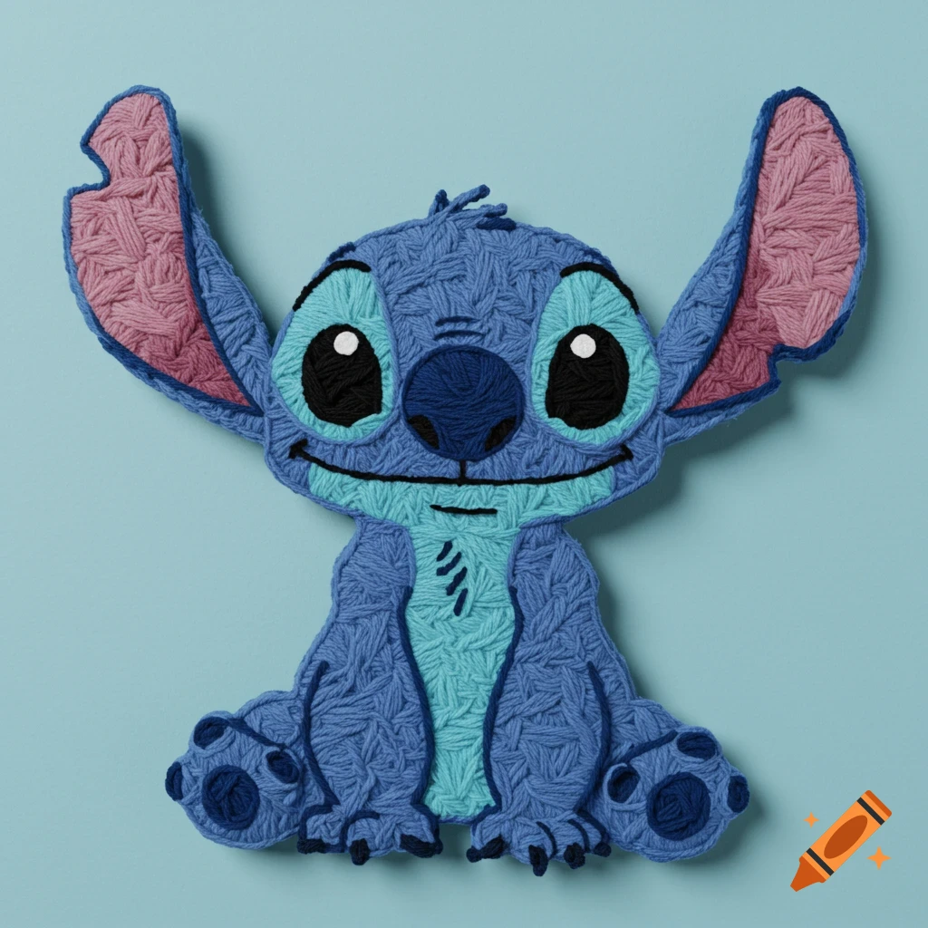 A blue cartoon character made of yarn, sitting on a blue background.