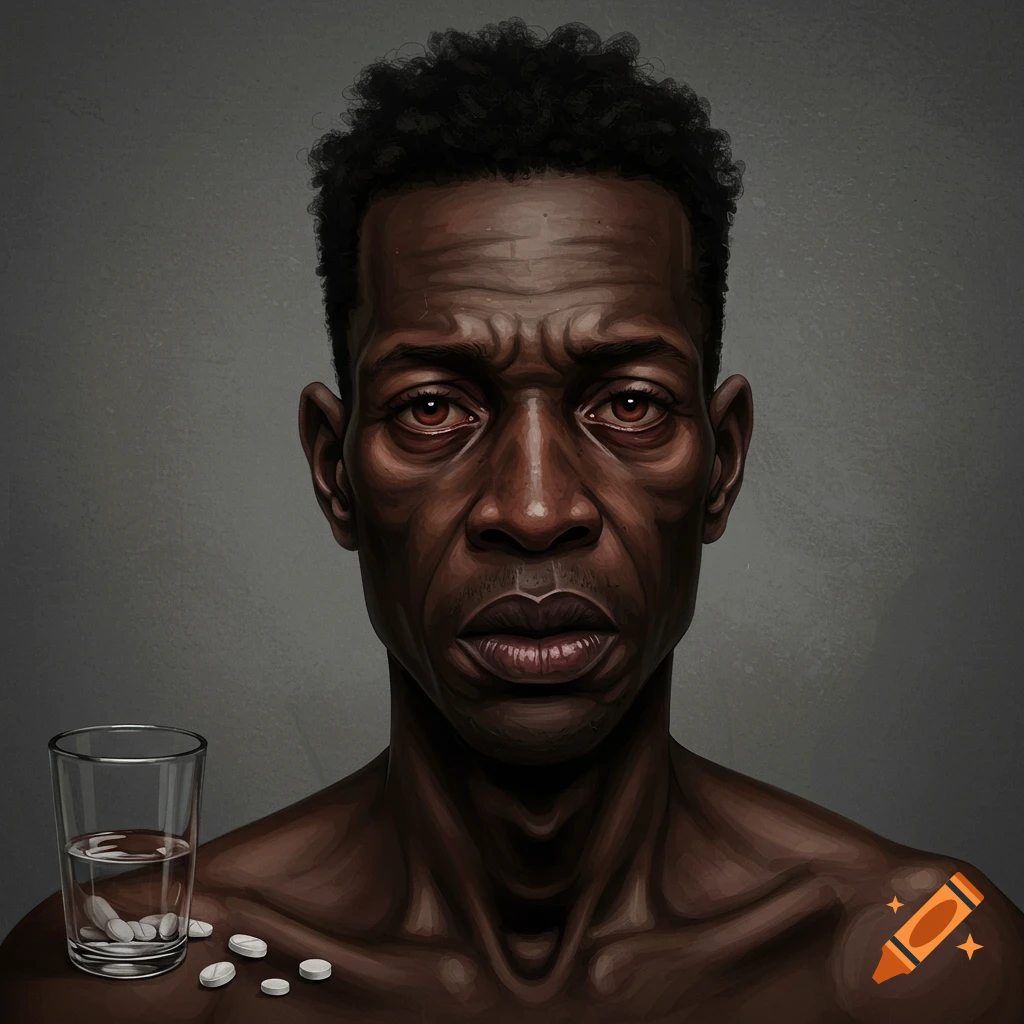 A man with a glass of water and pills next to him.