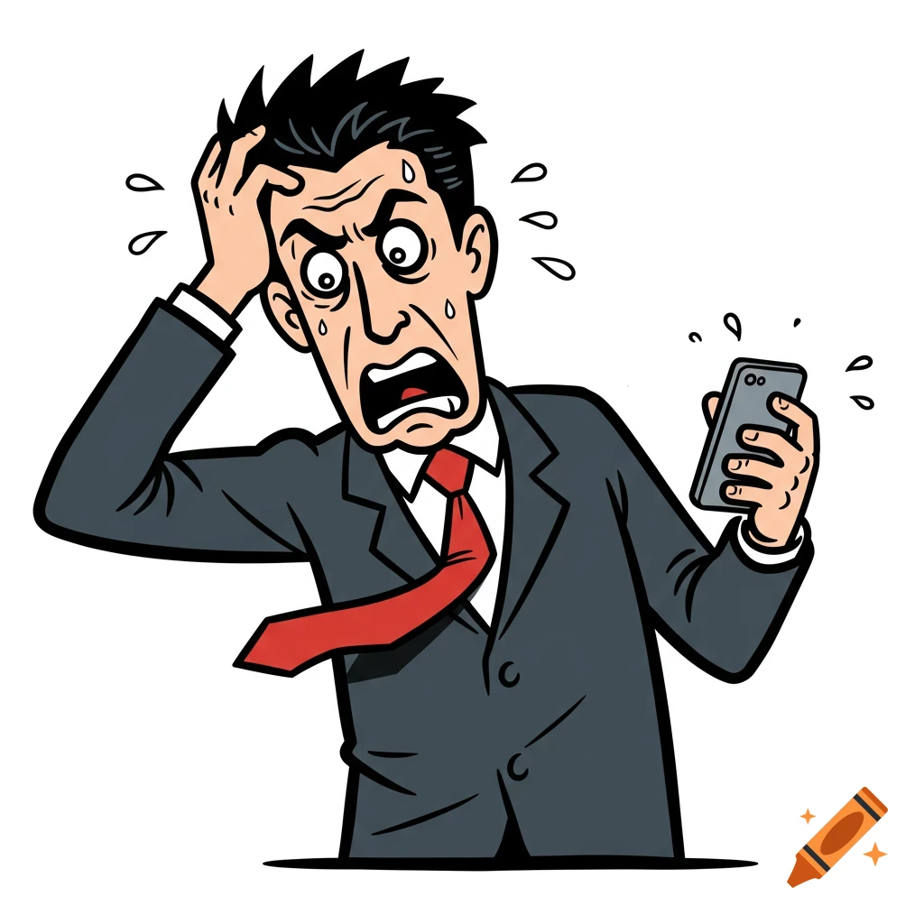 Cartoon illustration of a stressed business man looking at his phone.