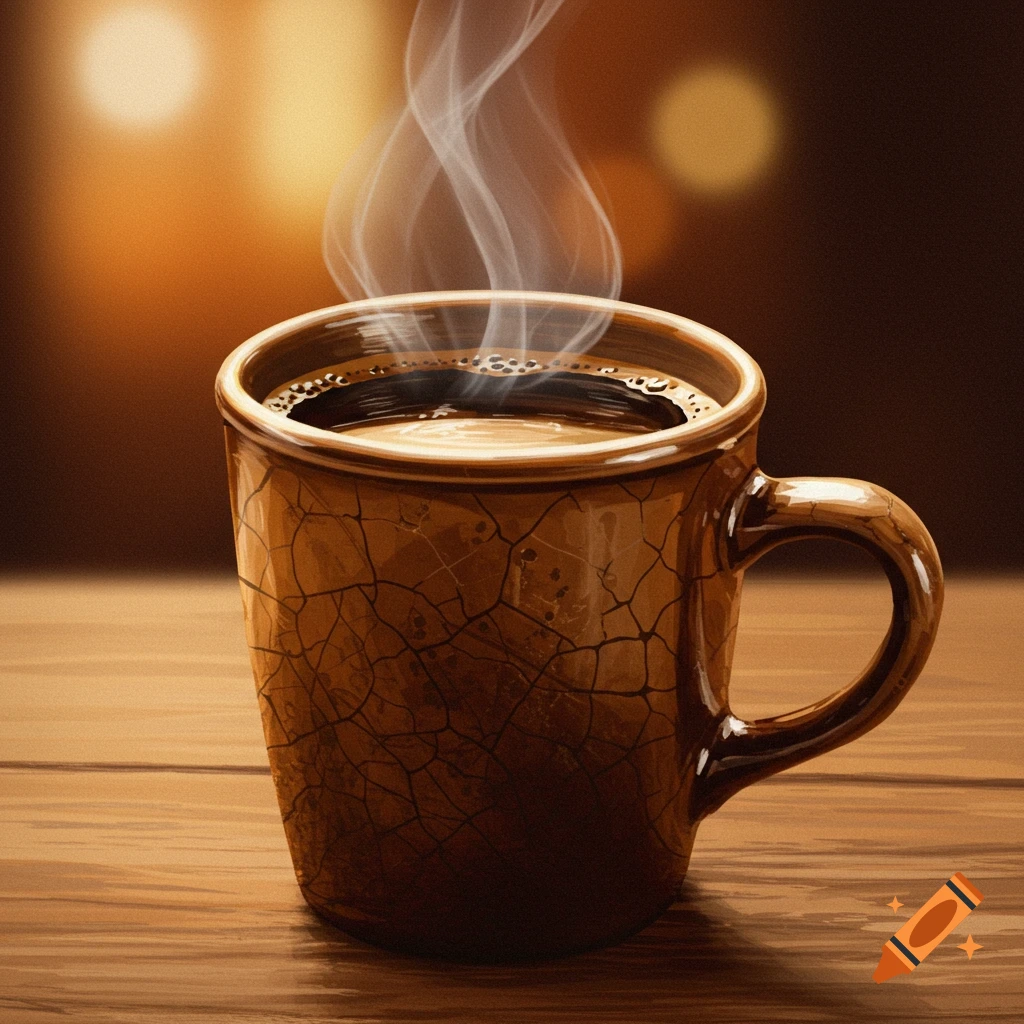 A steaming coffee cup with a cracked texture sits on a wooden table.