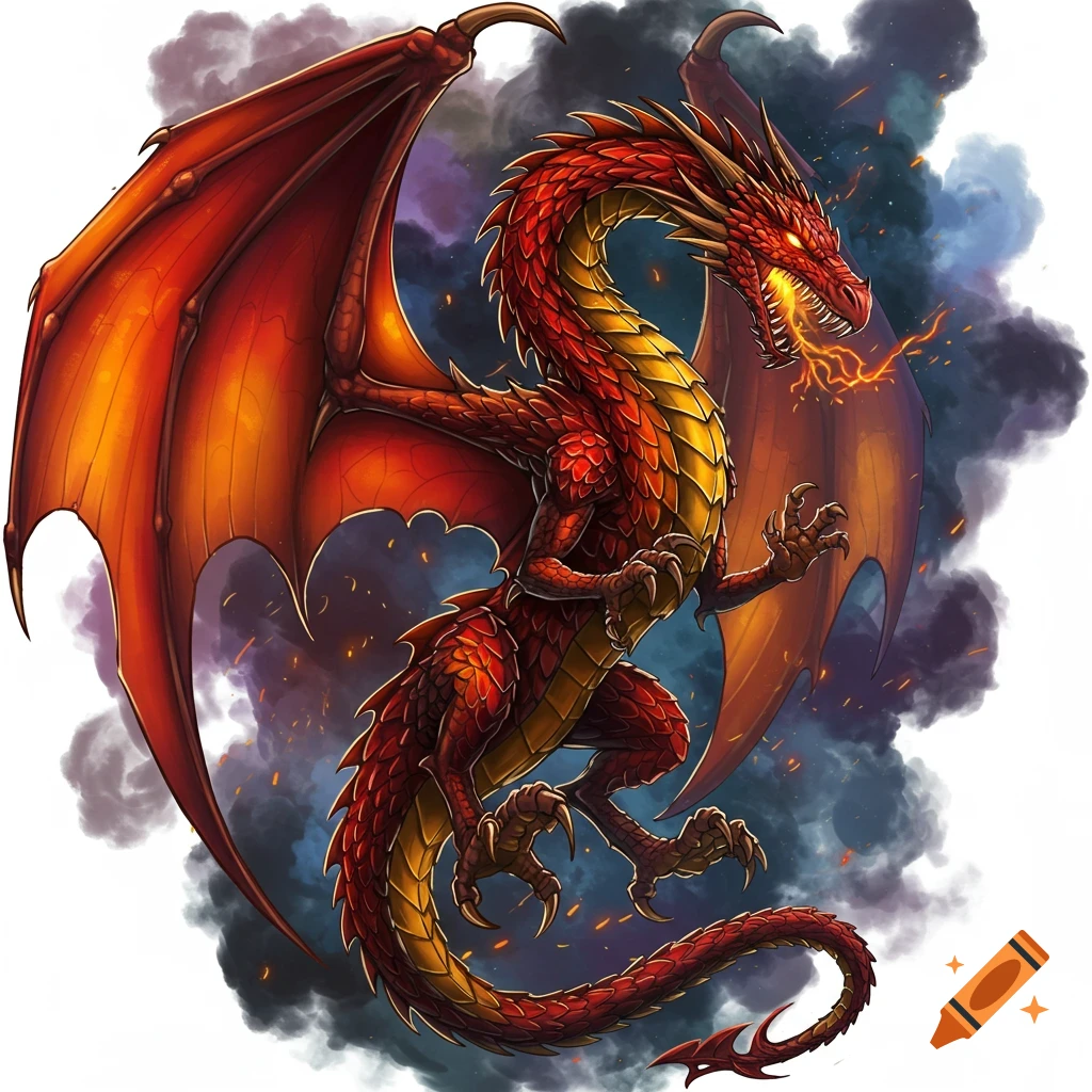 A red and orange dragon breathing fire against a smoky background.